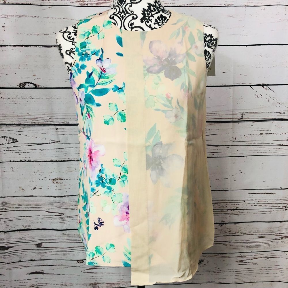 Marie Oliver 100% Silk Colby Floral Sleeveless Top Tank Chiffon Overlay XS